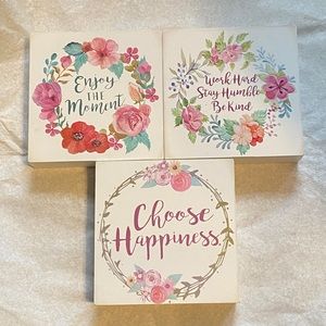 Floral home decor signs, 3pcs. White base, colorful florals. Standing or hanging